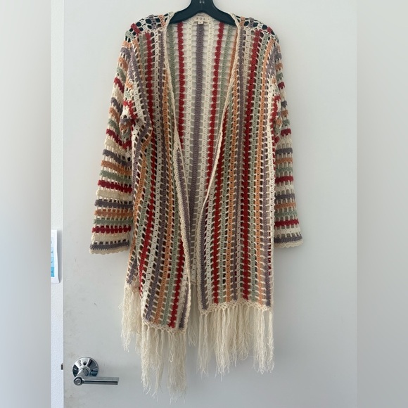POL Open Crochet Multicolor Cardigan Sweater Fringe Boho Hippie SZ S - Picture 2 of 5